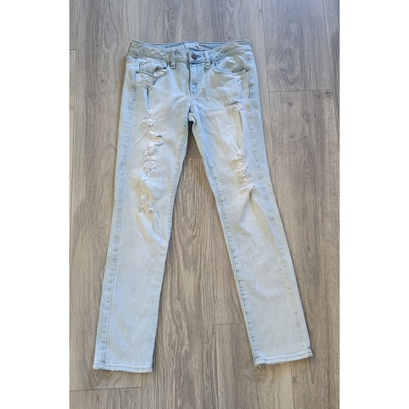 American Eagle Skinny Stretch Slight Distressed Light Blue Jeans Womens 4 Short - Picture 1 of 11